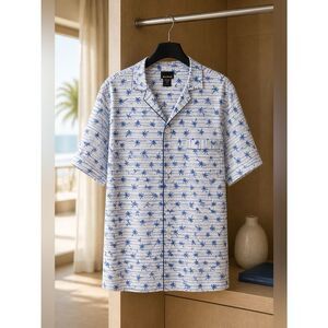 COLAR LESS V-NECK SHORT SLEEVE TROPICAL SHIRT by BILL BLASS SIZE LARGE